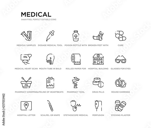 set of 20 line icons such as pharmacy tool, lifeline of heartbeats on a paper on a clipboard, pharmacy shopping cart, hospital building front, rolled paper for bathroom, mouth tube in bald male
