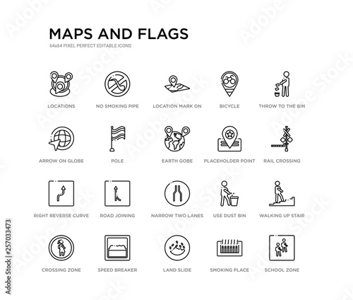 set of 20 line icons such as narrow two lanes, road joining, right reverse curve, placeholder point, earth gobe, pole, arrow on globe, bicycle, location mark on printed map, no smoking pipe. maps