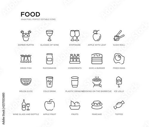 set of 20 line icons such as plastic drinking cup, cold drink, melon slice, give a burger, condiments, mayonnaise, dried fish, apple with leaf, stemware, glasses of wine. food outline thin icons