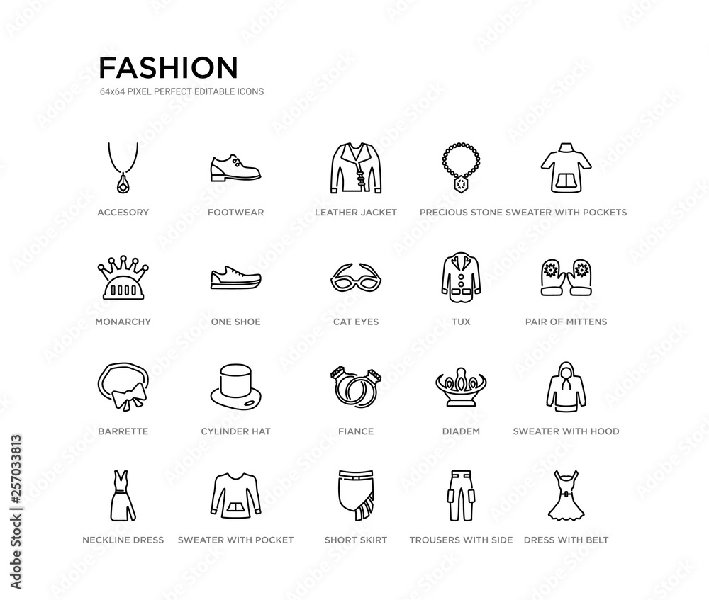 set of 20 line icons such as fiance, cylinder hat, barrette, tux, cat eyes, one shoe, monarchy, precious stone, leather jacket, footwear. fashion outline thin icons collection. editable 64x64 stroke set of 20 line icons such as fiance, cylinder hat, barrette, tux, cat eyes, one shoe, monarchy, precious stone, leather jacket, footwear. fashion outline thin icons collection. editable 64x64 stroke