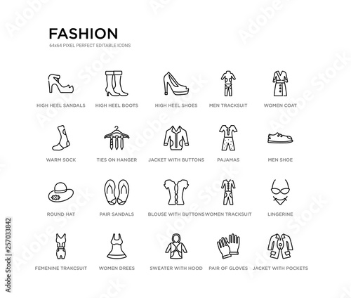 set of 20 line icons such as blouse with buttons, pair sandals, round hat, pajamas, jacket with buttons, ties on hanger, warm sock, men tracksuit, high heel shoes, high heel boots. fashion outline