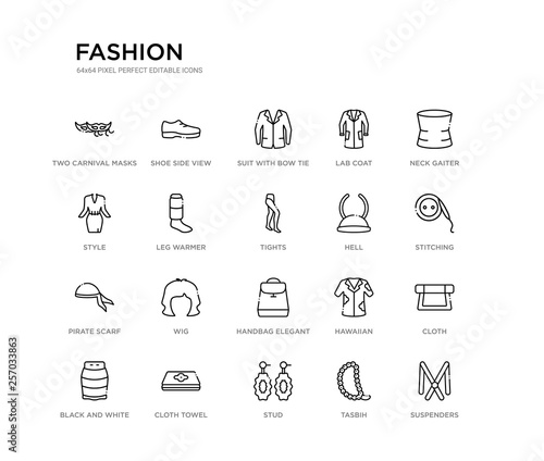 set of 20 line icons such as handbag elegant de, wig, pirate scarf, hell, tights, leg warmer, style, lab coat, suit with bow tie, shoe side view. fashion outline thin icons collection. editable