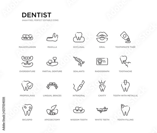 set of 20 line icons such as intraoral, lingual braces, prophylaxis, radiograph, sealants, partial denture, overdenture, oral, occlusal, maxilla. dentist outline thin icons collection. editable