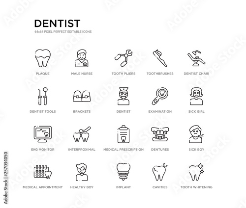 set of 20 line icons such as medical prescription, interproximal, ekg monitor, examination, dentist, brackets, dentist tools, toothbrushes, tooth pliers, male nurse. dentist outline thin icons