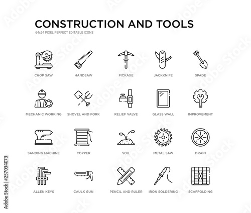 set of 20 line icons such as soil, copper, sanding machine, glass wall, relief valve, shovel and fork, mechanic working, jackknife, pickaxe, handsaw. construction and tools outline thin icons