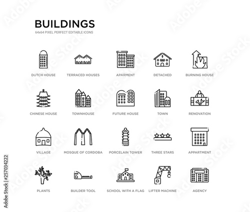 set of 20 line icons such as porcelain tower of nanjing, mosque of cordoba, village, town, future house, townhouse, chinese house, detached, aparment, terraced houses. buildings outline thin icons