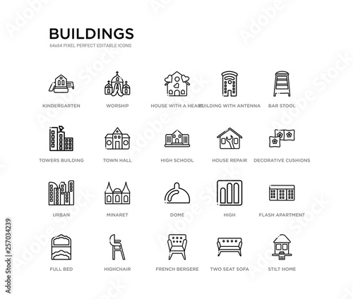 set of 20 line icons such as dome, minaret, urban, house repair, high school, town hall, towers building transmission, building with antenna, house with a heart, worship. buildings outline thin