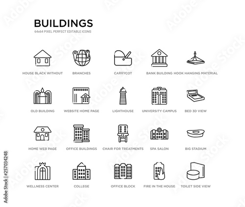 set of 20 line icons such as chair for treatments, office buildings, home web page, university campus, lighthouse, website home page, old building, bank building, carrycot, branches. buildings