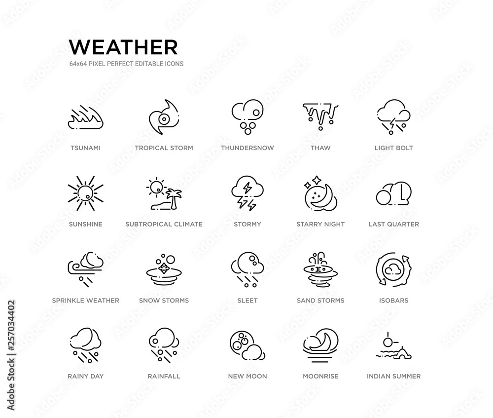 set of 20 line icons such as sleet, snow storms, sprinkle weather, starry night, stormy, subtropical climate, sunshine, thaw, thundersnow, tropical storm. weather outline thin icons collection.