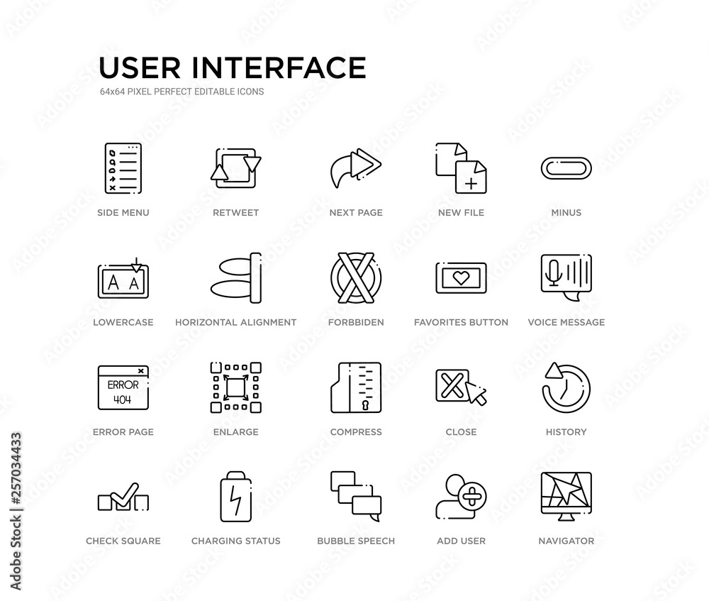 set of 20 line icons such as compress, enlarge, error page, favorites button, forbbiden, horizontal alignment, lowercase, new file, next page, retweet. user interface outline thin icons collection.