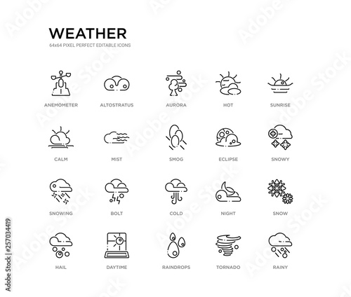 set of 20 line icons such as cold, bolt, snowing, eclipse, smog, mist, calm, hot, aurora, altostratus. weather outline thin icons collection. editable 64x64 stroke