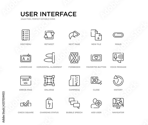 set of 20 line icons such as compress, enlarge, error page, favorites button, forbbiden, horizontal alignment, lowercase, new file, next page, retweet. user interface outline thin icons collection.