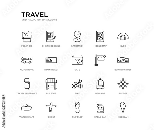 set of 20 line icons such as bike, bus stop, travel insurance,  , date, train ticket, motorhome, mobile map, landmark, online booking. travel outline thin icons collection. editable 64x64 stroke