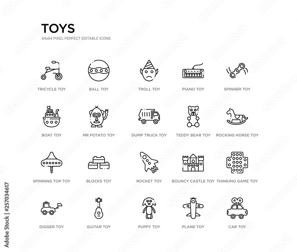set of 20 line icons such as rocket toy, blocks toy, spinning top toy, teddy bear dump truck mr potato boat piano troll ball toys outline thin icons collection. editable 64x64 stroke