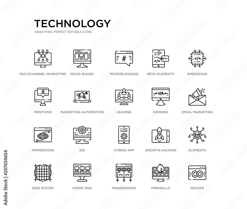 set of 20 line icons such as hybrid app, ide, impressions, kerning, leading, marketing automation, mentions, meta elements, microblogging, mood board. technology outline thin icons collection.