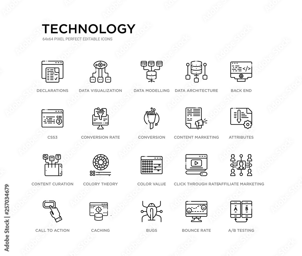 set of 20 line icons such as color value, colory theory, content curation, content marketing, conversion, conversion rate optimization, css3, data architecture, data modelling, data visualization.