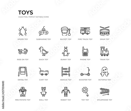 set of 20 line icons such as abacus toy, cart toy, swing toy, phone bunny duck ride on fire truck bucket submarine toys outline thin icons collection. editable 64x64 stroke