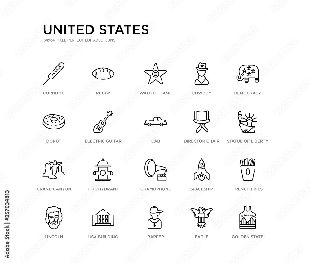 set of 20 line icons such as gramophone, fire hydrant, grand canyon, director chair, cab, electric guitar, donut, cowboy, walk of fame, rugby. united states outline thin icons collection. editable
