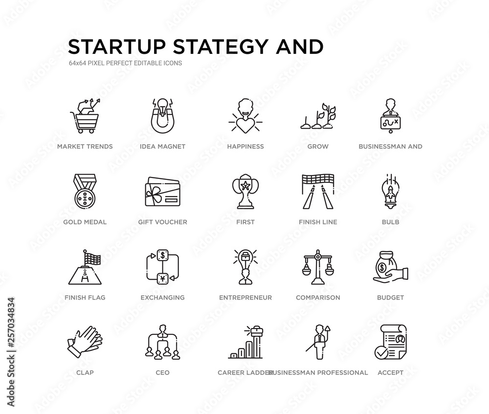 set of 20 line icons such as entrepreneur, exchanging, finish flag, finish line, first, gift voucher, gold medal, grow, happiness, idea magnet. startup stategy and outline thin icons collection.
