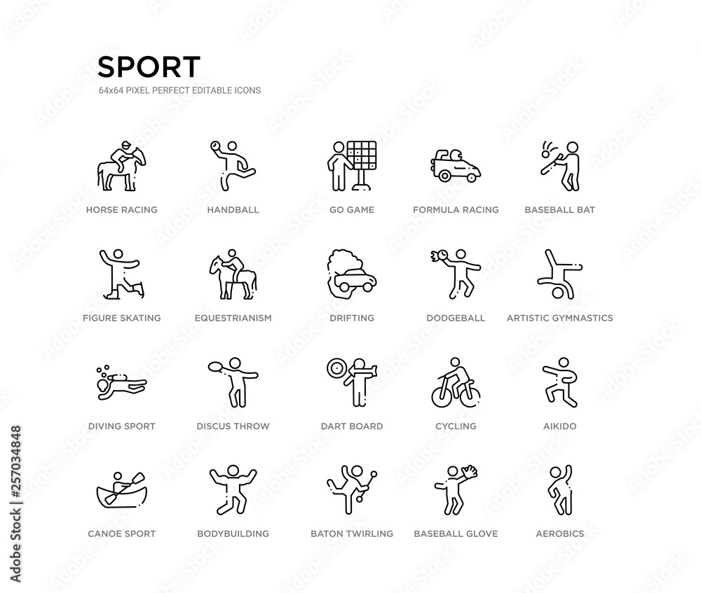 set of 20 line icons such as dart board, discus throw, diving sport, dodgeball, drifting, equestrianism, figure skating, formula racing, go game, handball. sport outline thin icons collection. set of 20 line icons such as dart board, discus throw, diving sport, dodgeball, drifting, equestrianism, figure skating, formula racing, go game, handball. sport outline thin icons collection.