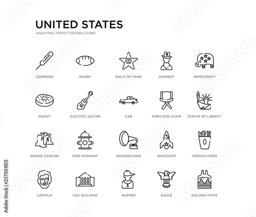 set of 20 line icons such as gramophone  fire hydrant  grand canyon  director chair  cab  electric guitar  donut  cowboy  walk of fame  rugby. united states outline thin icons collection. editable