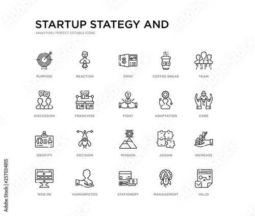 set of 20 line icons such as mission, decision, identity, adaptation, fight, franchise, discussion, coffee break, sway, reaction. startup stategy and outline thin icons collection. editable 64x64