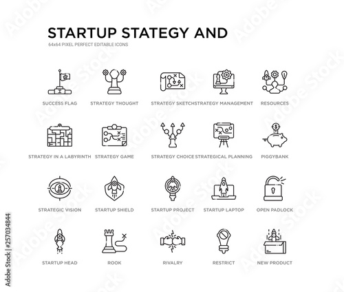 set of 20 line icons such as startup project search, startup shield, strategic vision, strategical planning, strategy choice, strategy game, strategy in a labyrinth, management, sketch, thought.
