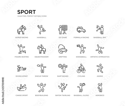 set of 20 line icons such as dart board, discus throw, diving sport, dodgeball, drifting, equestrianism, figure skating, formula racing, go game, handball. sport outline thin icons collection.