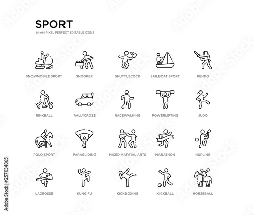 set of 20 line icons such as mixed martial arts, paragliding, polo sport, powerlifting, racewalking, rallycross, rinkball, sailboat sport, shuttlecock, snooker. sport outline thin icons collection.