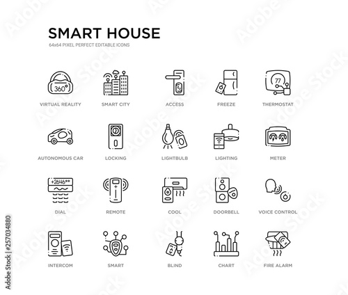 set of 20 line icons such as cool, remote, dial, lighting, lightbulb, locking, autonomous car, freeze, access, smart city. smart house outline thin icons collection. editable 64x64 stroke