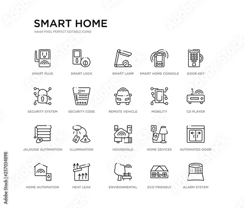 set of 20 line icons such as household, illumination, jalousie automation, mobility, remote vehicle, security code, security system, smart home console, smart lamp, smart lock. home outline thin