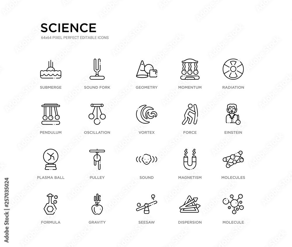 set of 20 line icons such as sound, pulley, plasma ball, force, vortex, oscillation, pendulum, momentum, geometry, sound fork. science outline thin icons collection. editable 64x64 stroke