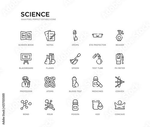 set of 20 line icons such as blood test, atoms, professor, test tube, spoon, flasks, blackboard, eye protector, drops, notes. science outline thin icons collection. editable 64x64 stroke