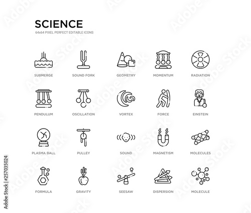 set of 20 line icons such as sound, pulley, plasma ball, force, vortex, oscillation, pendulum, momentum, geometry, sound fork. science outline thin icons collection. editable 64x64 stroke