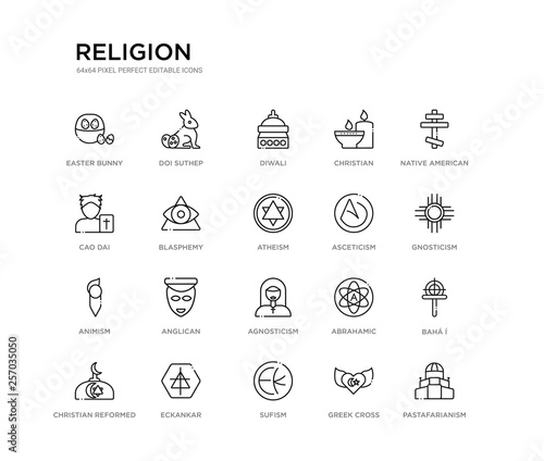 set of 20 line icons such as agnosticism, anglican, animism, asceticism, atheism, blasphemy, cao dai, christian, diwali, doi suthep. religion outline thin icons collection. editable 64x64 stroke