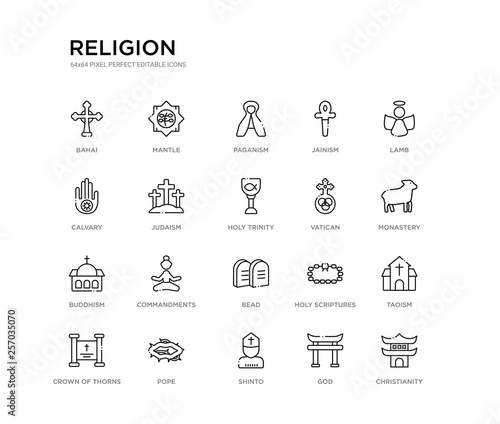 set of 20 line icons such as bead  commandments  buddhism  vatican  holy trinity  judaism  calvary  jainism  paganism  mantle. religion outline thin icons collection. editable 64x64 stroke