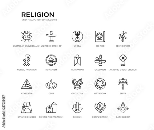 set of 20 line icons such as occultism, odin, ayyavazhi, caodaism, faravahar, humanism, nordic paganism, chi rho, wicca, united church of christ. religion outline thin icons collection. editable
