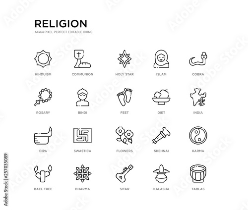 set of 20 line icons such as flowers, swastica, dipa, diet, feet, bindi, rosary, islam, holy star, communion. religion outline thin icons collection. editable 64x64 stroke photo