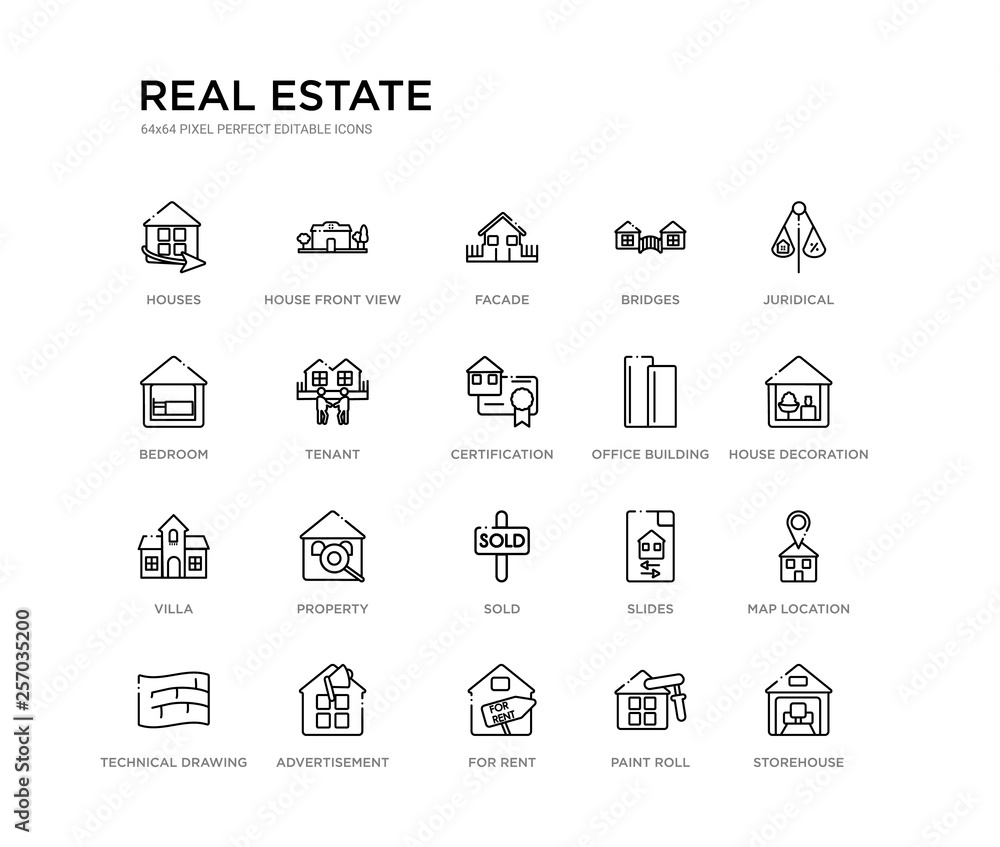 set of 20 line icons such as sold, property, villa, office building, certification, tenant, bedroom, bridges, facade, house front view. real estate outline thin icons collection. editable 64x64