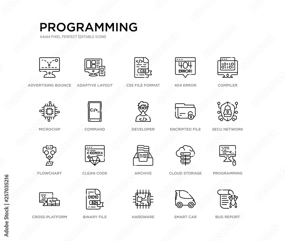 set of 20 line icons such as archive, clean code, flowchart, encripted file, developer, command, microchip, 404 error, css file format, adaptive layout. programming outline thin icons collection.