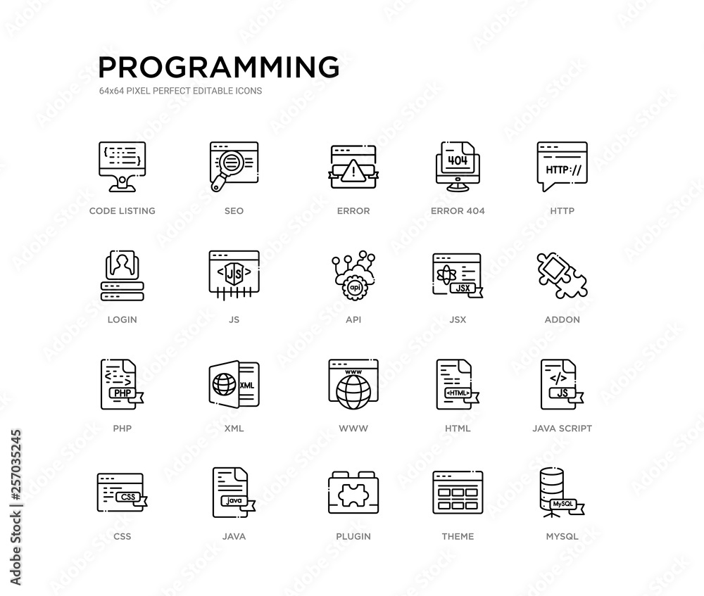 set of 20 line icons such as www, xml, php, jsx, api, js, login, error 404,  error, seo. programming outline thin icons collection. editable 64x64  stroke Stock Vector | Adobe Stock