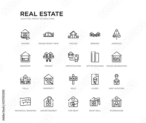 set of 20 line icons such as sold, property, villa, office building, certification, tenant, bedroom, bridges, facade, house front view. real estate outline thin icons collection. editable 64x64