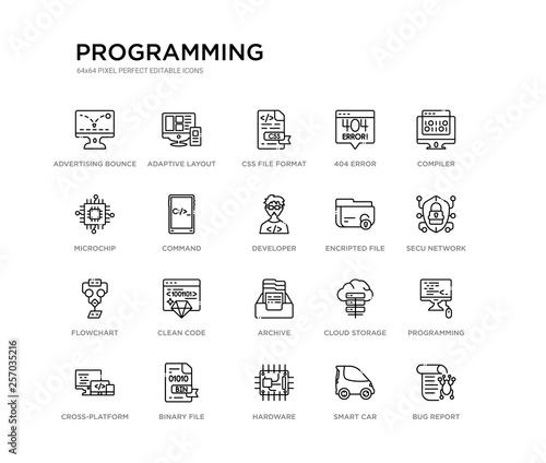 set of 20 line icons such as archive, clean code, flowchart, encripted file, developer, command, microchip, 404 error, css file format, adaptive layout. programming outline thin icons collection.