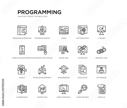set of 20 line icons such as engineering, game development, html5, hyperlink, image seo, keyboard and mouse, mobile development, optimization, page, program error. programming outline thin icons
