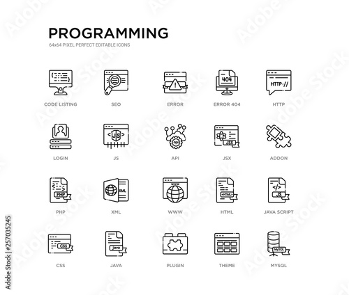 set of 20 line icons such as www, xml, php, jsx, api, js, login, error 404, error, seo. programming outline thin icons collection. editable 64x64 stroke