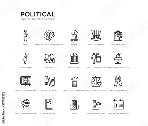 set of 20 line icons such as political candidate speech, political flag, political publicity on monitor screen, speech, politicians, slavery, supporter, uncle sam hat, unity, vote badge for
