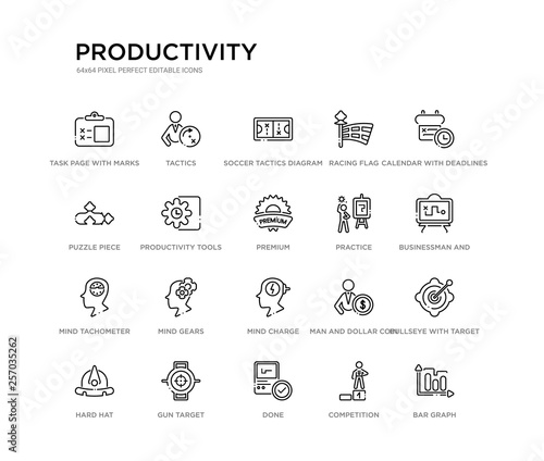 set of 20 line icons such as mind charge, mind gears, mind tachometer, practice, premium, productivity tools, puzzle piece, racing flag, soccer tactics diagram, tactics. productivity outline thin