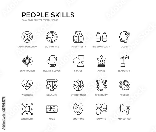 set of 20 line icons such as environment, equality, wellness, award, shapes, boxing gloves, boat rudder, big binoculars, safety vesty, big compass. people skills outline thin icons collection.