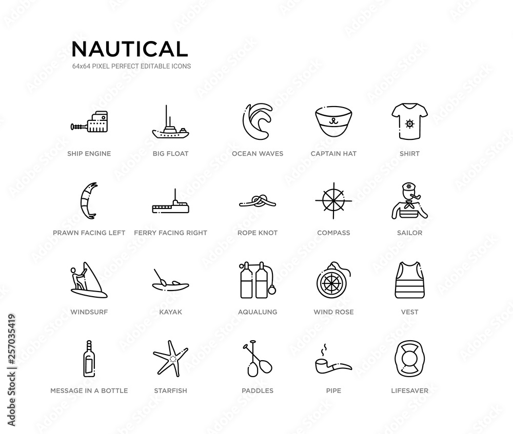 set of 20 line icons such as aqualung, kayak, windsurf, compass, rope knot, ferry facing right, prawn facing left, captain hat, ocean waves, big float. nautical outline thin icons collection.