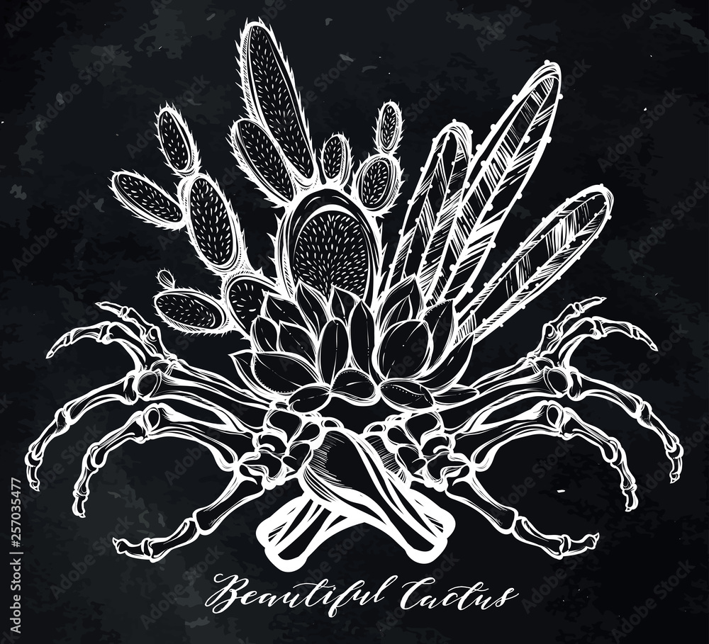 Naklejka premium Vector illustration. Beautiful cactus with bones. Handmade. Tattoos, prints on T-shirts, postcard for you, background chalkboard